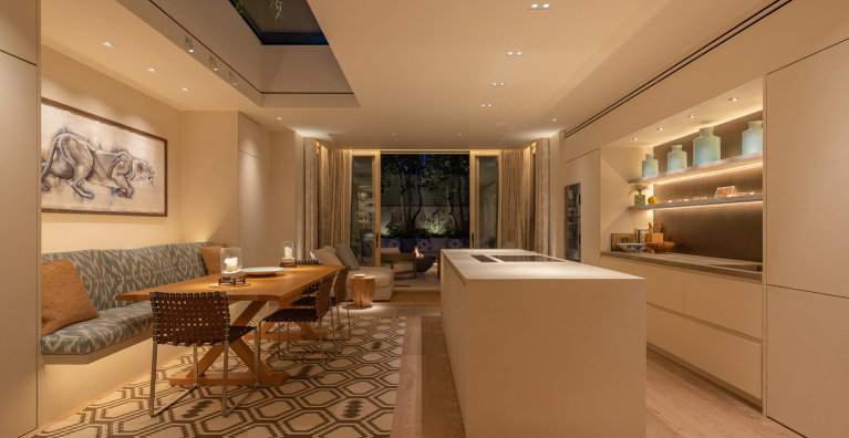 Recessed LED wafer downlights with dimmer in a modern kitchen